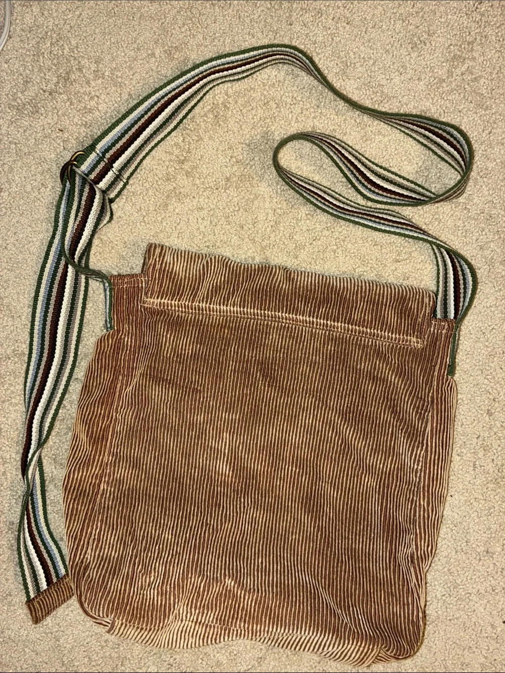 Burton Casual Brown Corduroy Large Messenger Crossbody Bag Striped Accent/Strap